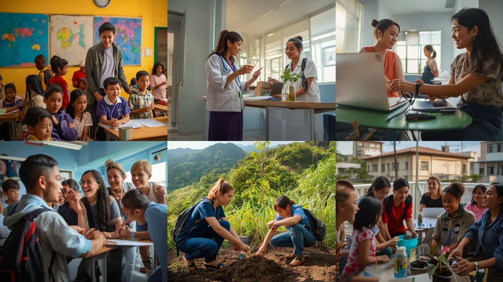 Students participating in University Volunteer Abroad Programs, engaging in classroom teaching, healthcare assistance, environmental conservation, and community activities