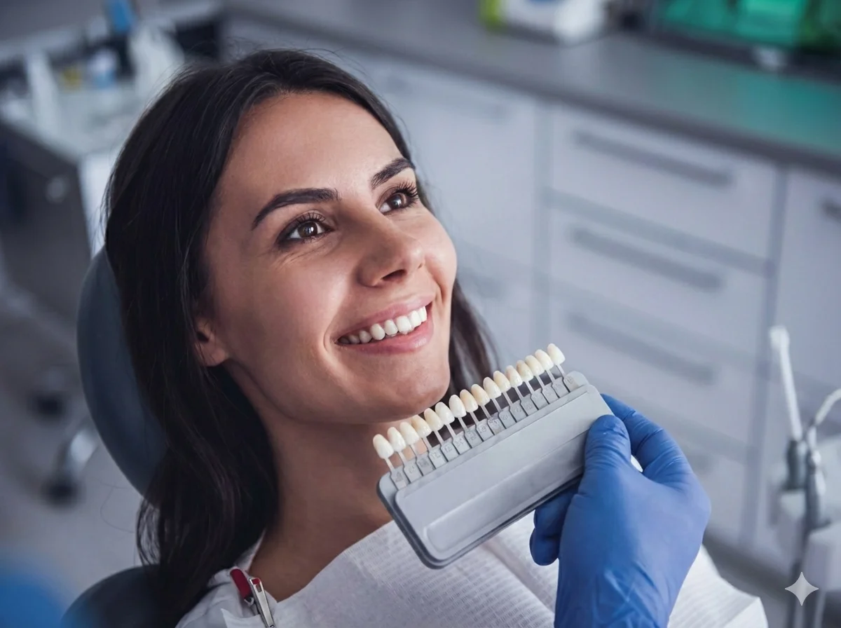 Patient in a dental office smiling as the dentist shows a set of veneer teeth shades for a smile makeover