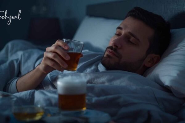 A person sipping a warm drink in bed at night, seeking relief for a sore throat, a common remedy for what kills a sore throat fast overnight