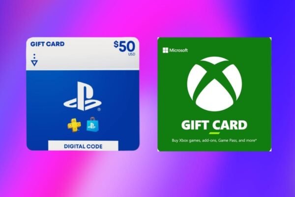 Image showing Xbox and PlayStation gift cards, ideal for purchasing games, add-ons, and subscriptions on their respective platforms