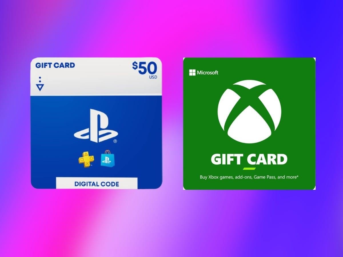 Image showing Xbox and PlayStation gift cards, ideal for purchasing games, add-ons, and subscriptions on their respective platforms