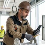 A man in a hard hat and gloves checks his cell phone, representing the modern tools in the electrical business