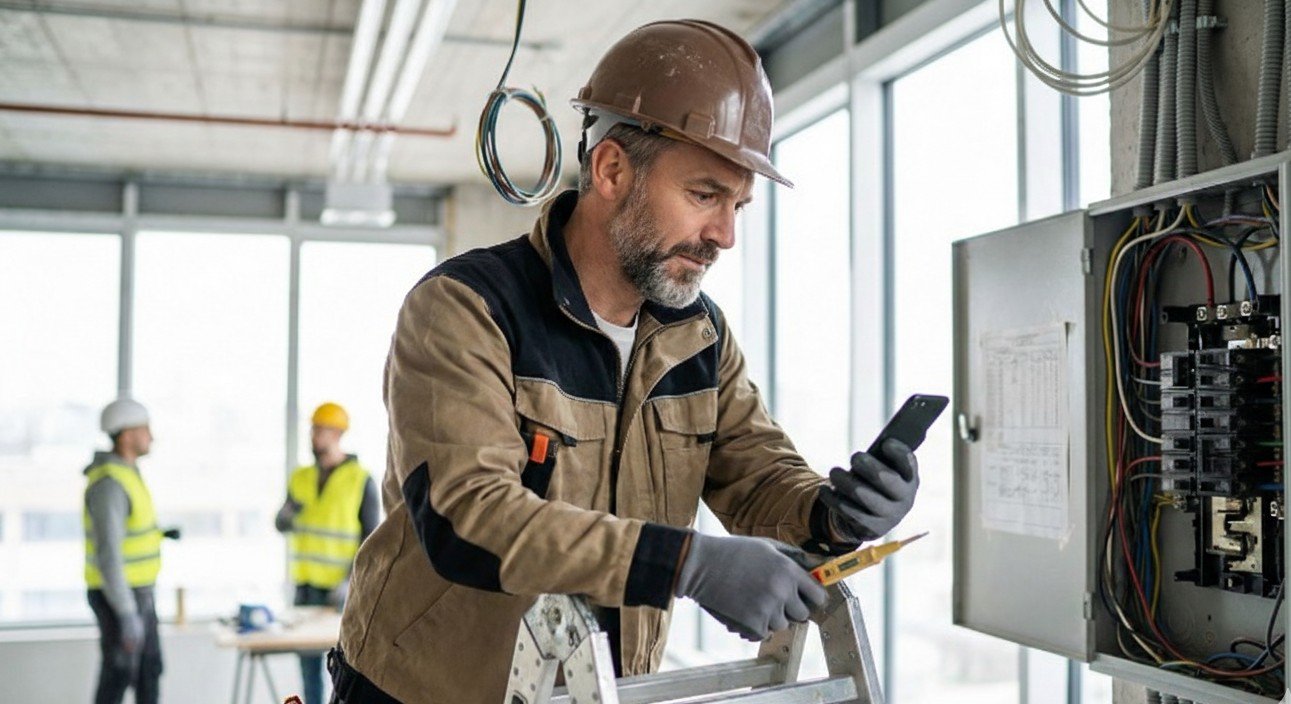 A man in a hard hat and gloves checks his cell phone, representing the modern tools in the electrical business