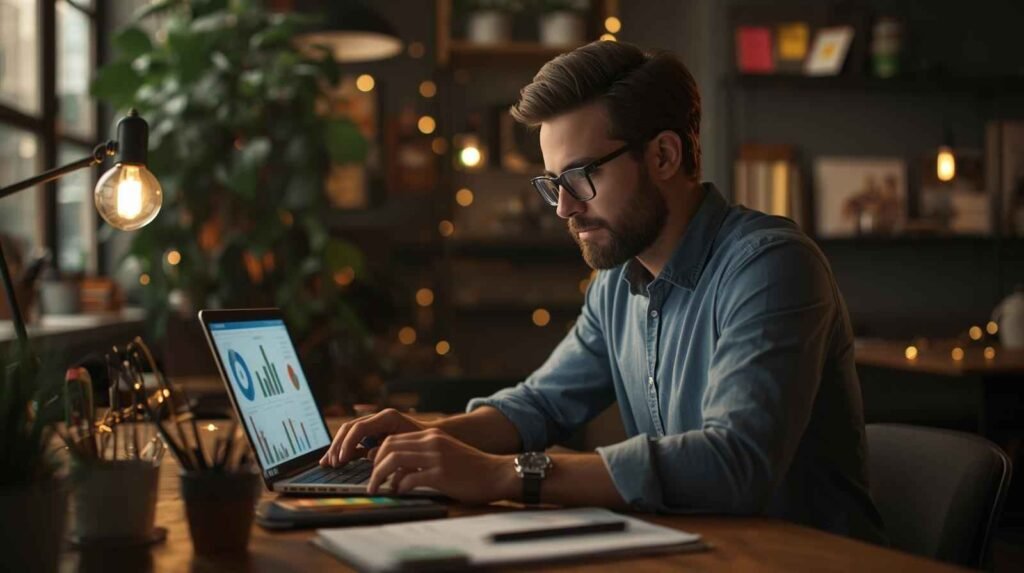 A man in glasses works intently on a laptop displaying graphs, in a warmly lit office with plants and shelves. The setting is cozy and focused.