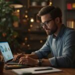 A man in glasses works intently on a laptop displaying graphs, in a warmly lit office with plants and shelves. The setting is cozy and focused.