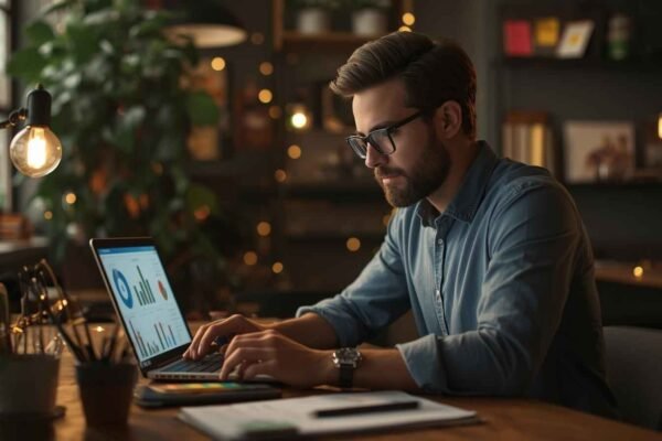 A man in glasses works intently on a laptop displaying graphs, in a warmly lit office with plants and shelves. The setting is cozy and focused.