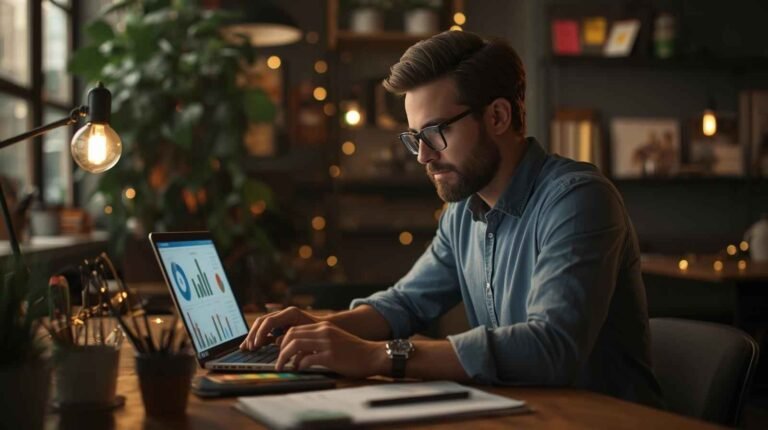 A man in glasses works intently on a laptop displaying graphs, in a warmly lit office with plants and shelves. The setting is cozy and focused.