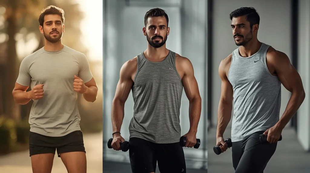 Affordable Sportswear worn by men during running and gym workouts, showcasing breathable fabric, athletic fit, and everyday performance style