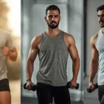 Affordable Sportswear worn by men during running and gym workouts, showcasing breathable fabric, athletic fit, and everyday performance style