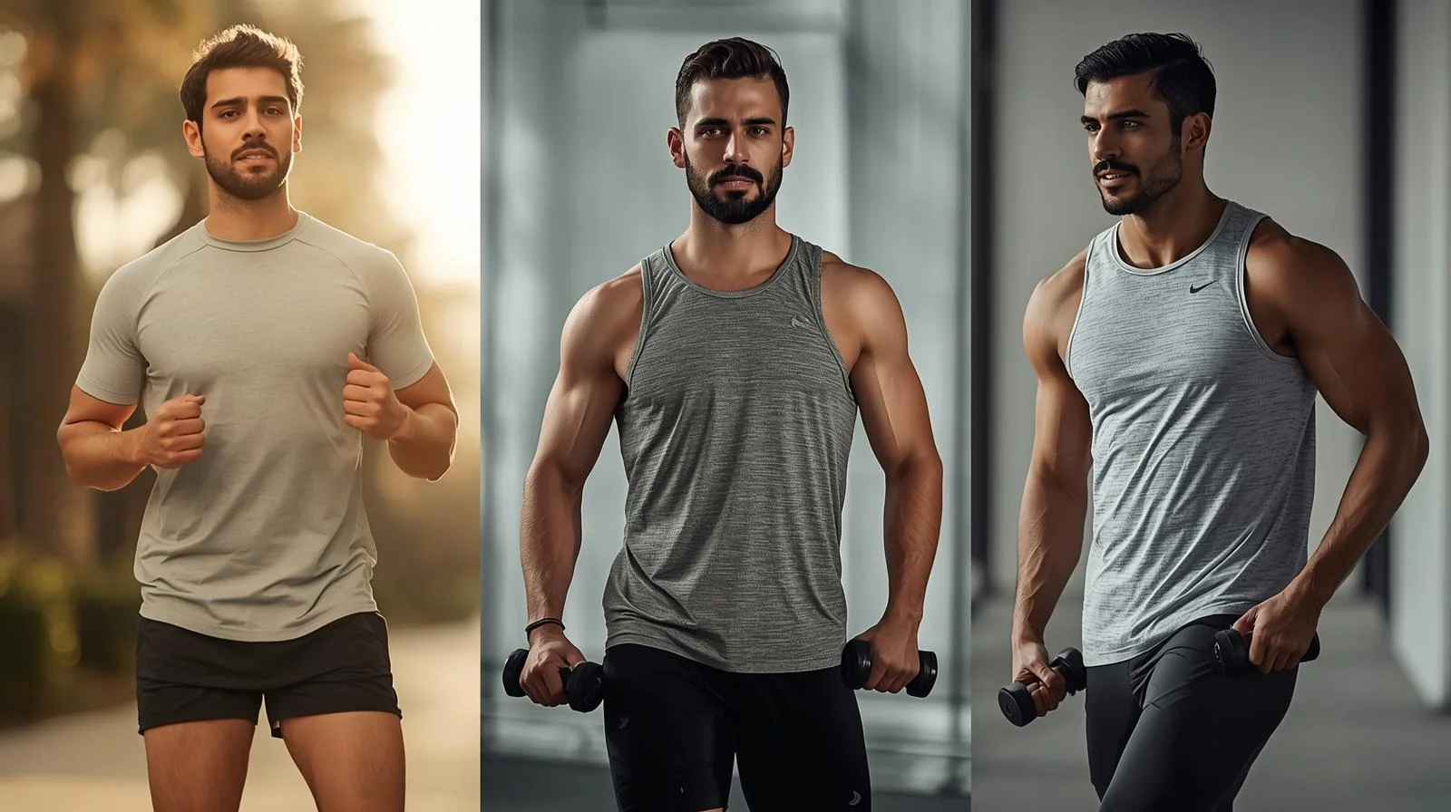 Affordable Sportswear worn by men during running and gym workouts, showcasing breathable fabric, athletic fit, and everyday performance style