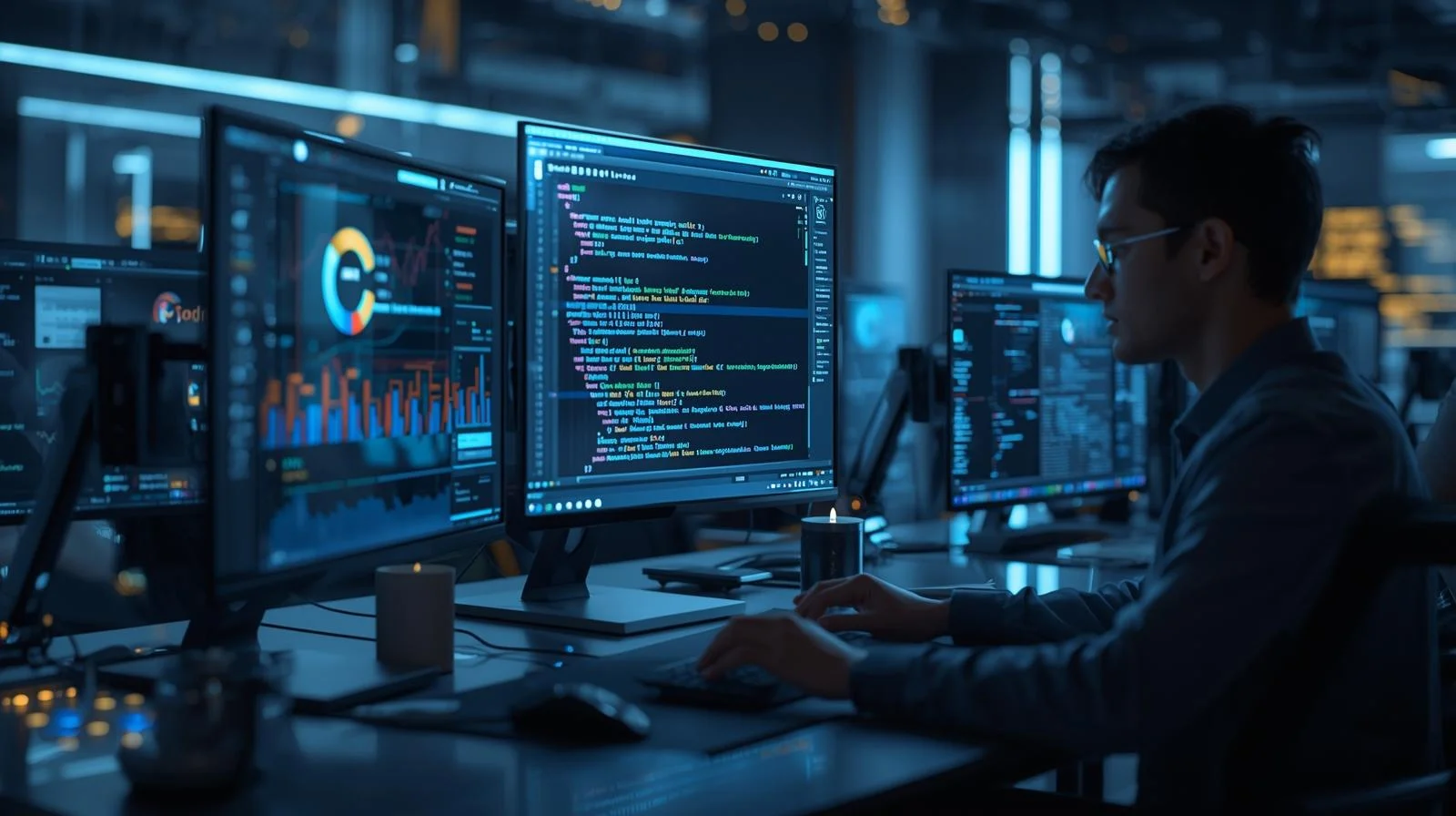 Developer working on multiple screens using AI-Powered Coding Platforms for real-time coding, analytics, and software development