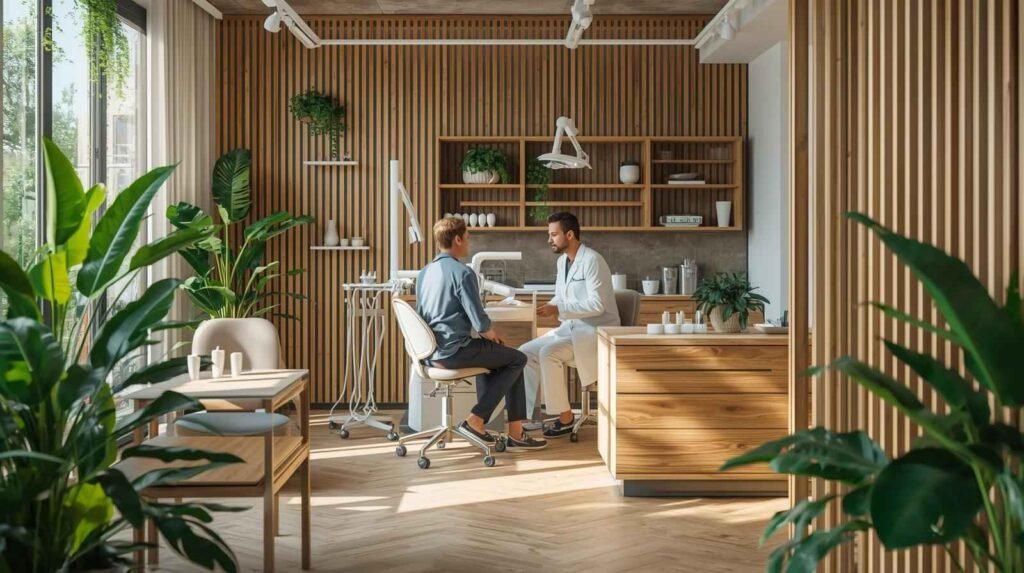 Biological Dentistry consultation in a modern holistic dental clinic with eco-friendly tools and natural wellness setting