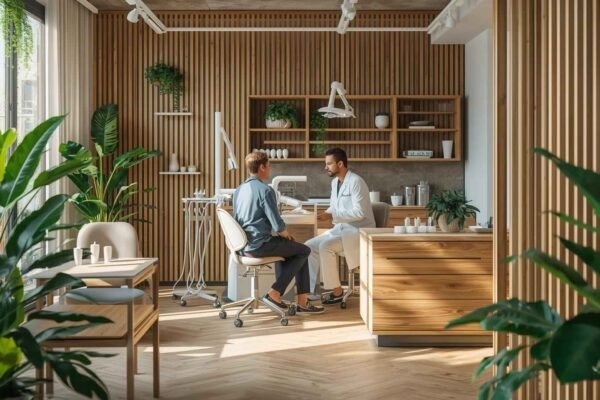 Biological Dentistry consultation in a modern holistic dental clinic with eco-friendly tools and natural wellness setting