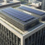 Aerial view of a modern office building using Building Integrated Solar Panels on its rooftop in a dense urban environment