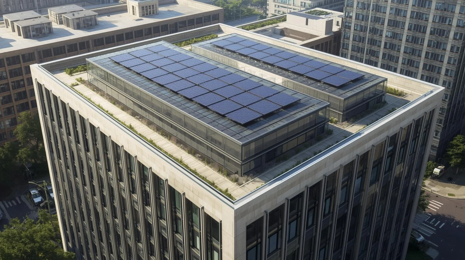 Aerial view of a modern office building using Building Integrated Solar Panels on its rooftop in a dense urban environment