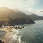 Peaceful coastal cliffs and sandy shoreline at camehoresbay with gentle waves, green hills, and seabirds at sunrise