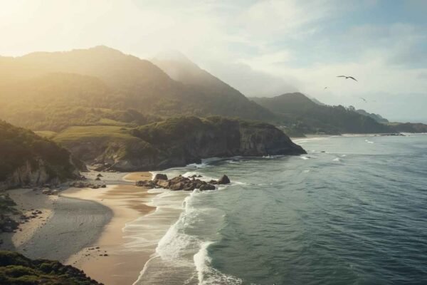 Peaceful coastal cliffs and sandy shoreline at camehoresbay with gentle waves, green hills, and seabirds at sunrise