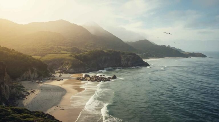 Peaceful coastal cliffs and sandy shoreline at camehoresbay with gentle waves, green hills, and seabirds at sunrise