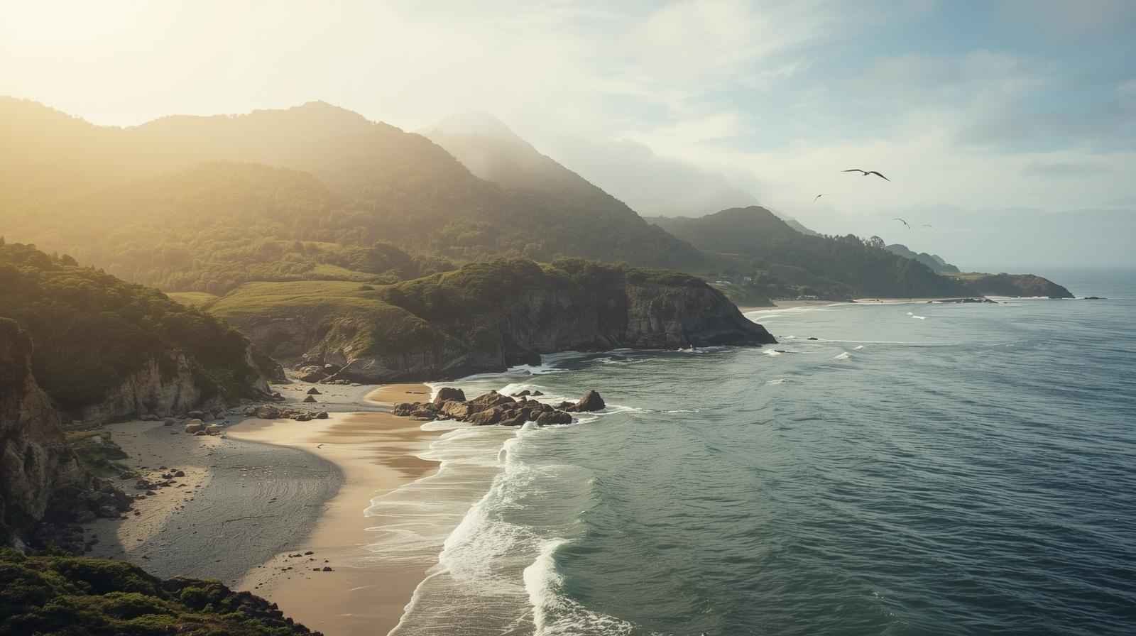Peaceful coastal cliffs and sandy shoreline at camehoresbay with gentle waves, green hills, and seabirds at sunrise