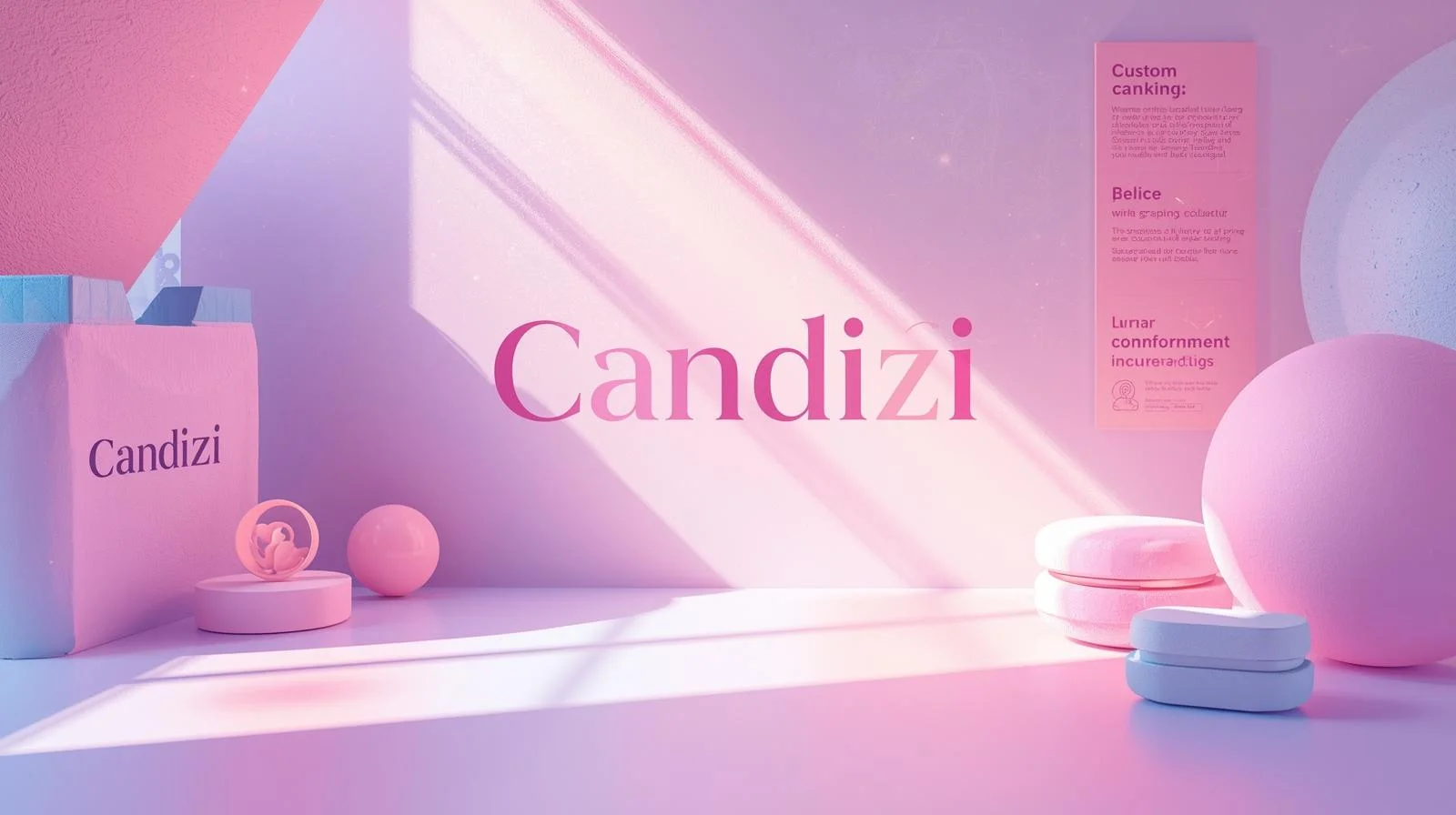 Soft pastel branding scene showcasing candizi as a modern creative identity with minimal design, playful shapes, and digital brand aesthetics