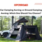 Car Camping Awning vs Ground Camping Awning comparison showing OpenRoad SUV setup with roof-mounted shelter at forest campsite