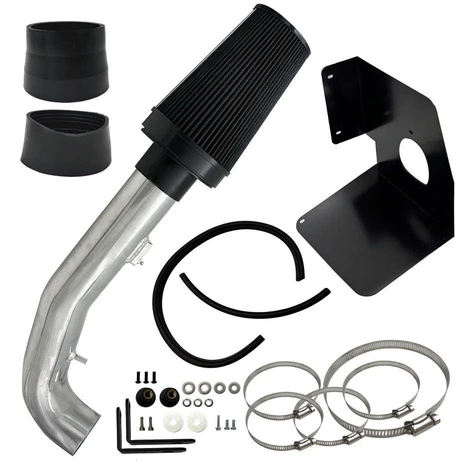 Cold Air Intake system with metal intake pipe, performance air filter, heat shield, and clamps for engine airflow upgrade