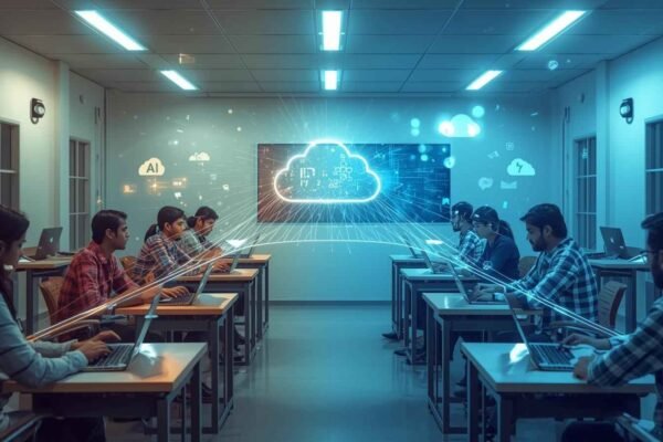 Students using laptops in AI-powered classroom for Computer Science Assignment Help and collaborative learning