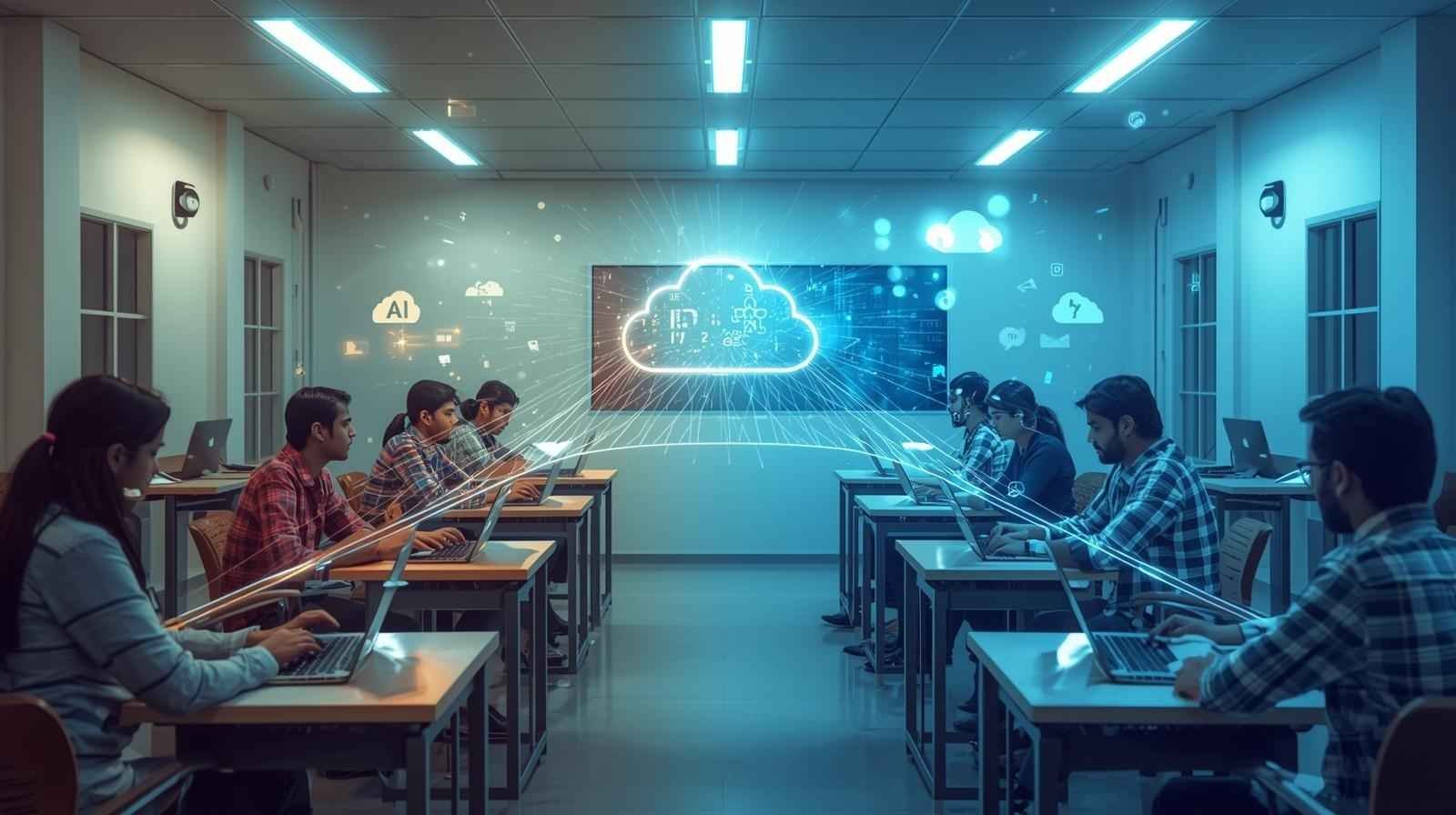 Students using laptops in AI-powered classroom for Computer Science Assignment Help and collaborative learning