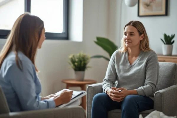 Counselling for Depression session showing a therapist listening to a client in a calm, supportive environment focused on emotional healing