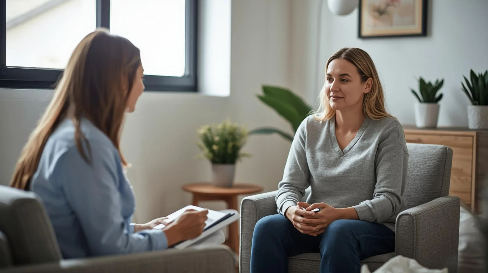 Counselling for Depression session showing a therapist listening to a client in a calm, supportive environment focused on emotional healing