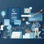 Illustration of data-driven financial decisions with charts, graphs, and a person analyzing financial data using a calculator and tablet