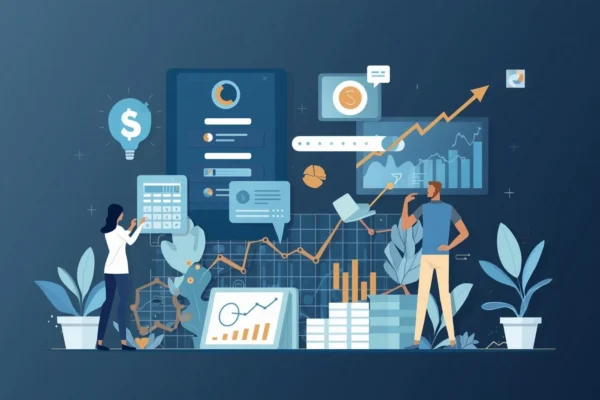 Illustration of data-driven financial decisions with charts, graphs, and a person analyzing financial data using a calculator and tablet