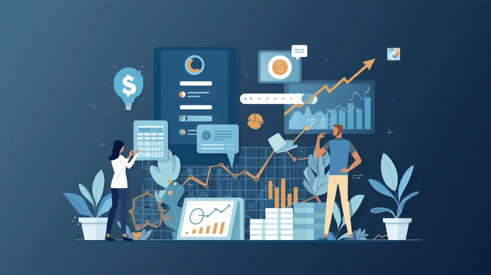 Illustration of data-driven financial decisions with charts, graphs, and a person analyzing financial data using a calculator and tablet