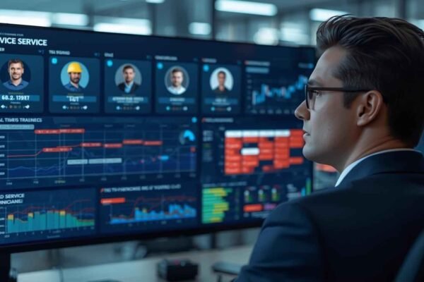 Manager reviewing Field Workforce Management Software dashboard with live technician tracking and analytics.
