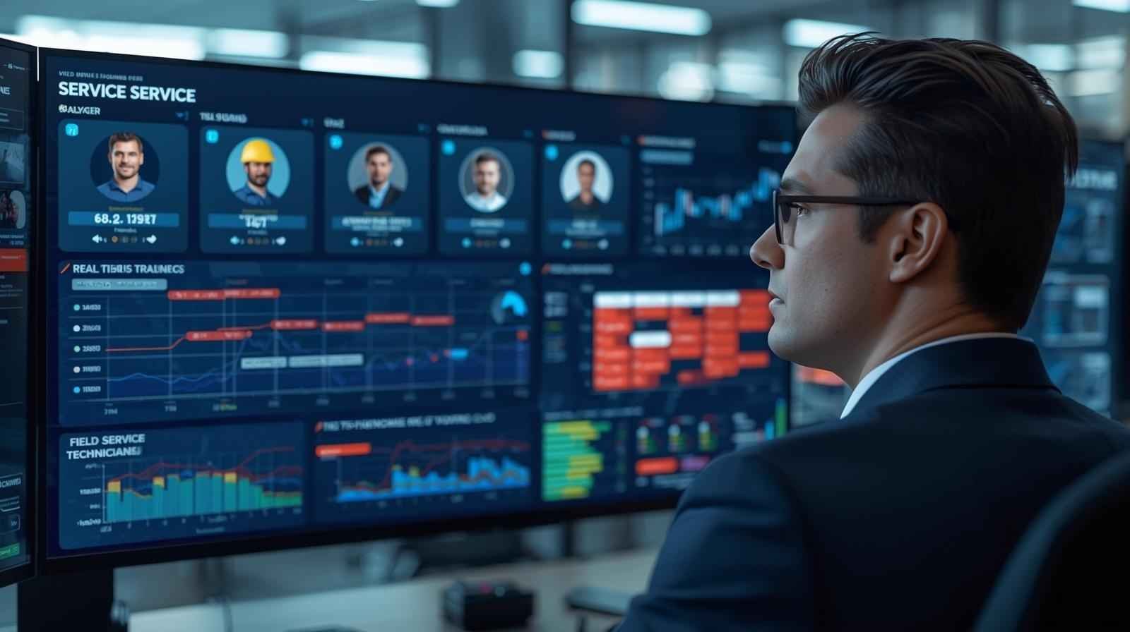 Manager reviewing Field Workforce Management Software dashboard with live technician tracking and analytics.