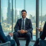Candidate smiling during a Finance Behavioral Interview with two recruiters in a modern corporate office.