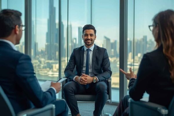 Candidate smiling during a Finance Behavioral Interview with two recruiters in a modern corporate office.