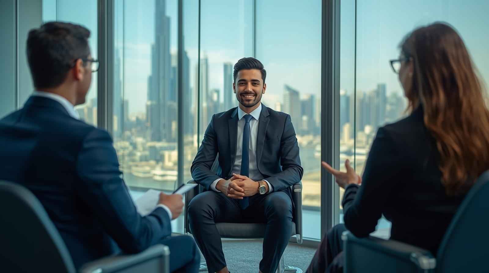 Candidate smiling during a Finance Behavioral Interview with two recruiters in a modern corporate office.