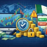 Digital illustration showing forex trading elements, including a computer screen with a candlestick chart, security features, and Nigerian flag symbolizing forex broker safety