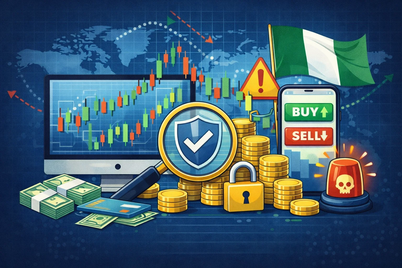 Digital illustration showing forex trading elements, including a computer screen with a candlestick chart, security features, and Nigerian flag symbolizing forex broker safety