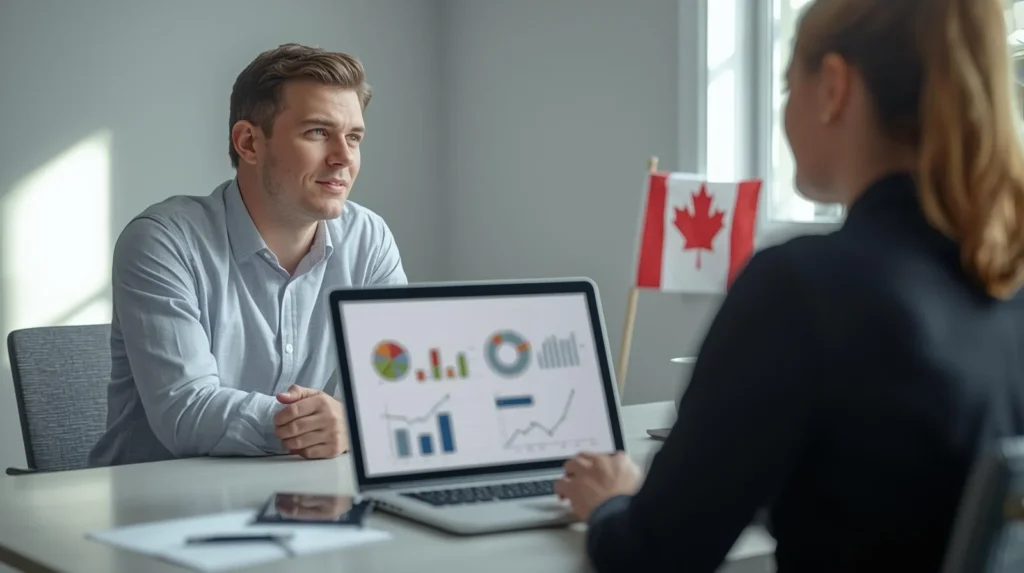 A Canadian entrepreneur discussing financial charts with an advisor while exploring Funding for Small Business Canada options