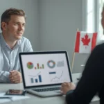 A Canadian entrepreneur discussing financial charts with an advisor while exploring Funding for Small Business Canada options