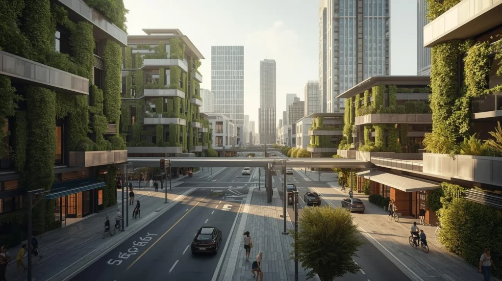 Modern urban street lined with green-clad buildings and skyscrapers. People walking and biking convey a vibrant, eco-friendly city atmosphere.