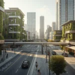 Modern urban street lined with green-clad buildings and skyscrapers. People walking and biking convey a vibrant, eco-friendly city atmosphere.