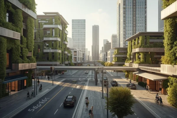 Modern urban street lined with green-clad buildings and skyscrapers. People walking and biking convey a vibrant, eco-friendly city atmosphere.