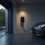 Electric vehicle charging in a modern garage using a wall-mounted home Charging Station, highlighting convenient residential EV charging.