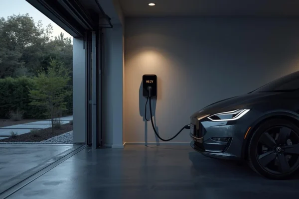 Electric vehicle charging in a modern garage using a wall-mounted home Charging Station, highlighting convenient residential EV charging.