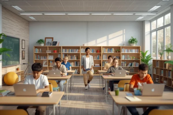 Students using laptops in a bright classroom with a teacher guiding them, reflecting the Lifestyle Shift in Modern Schooling