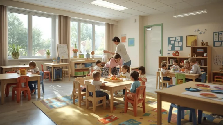 Nursery School Essential Guide image showing children engaged in structured play and learning activities with teachers in a safe classroom