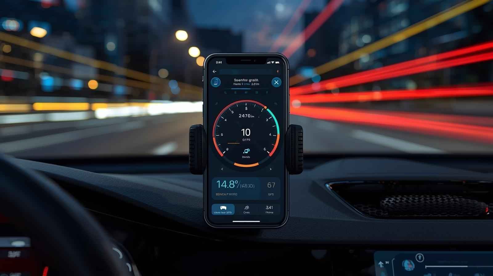 Smartphone mounted on a car dashboard showing an Online Speedometer with real-time GPS speed tracking during night driving.